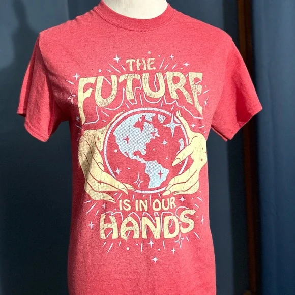 The Future is in Our Hands Red Screen Print T Shirt - Picture 3 of 8